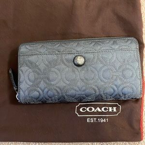 Coach signature zip wallet. Metallic Blue fabric & gunmetal accents.